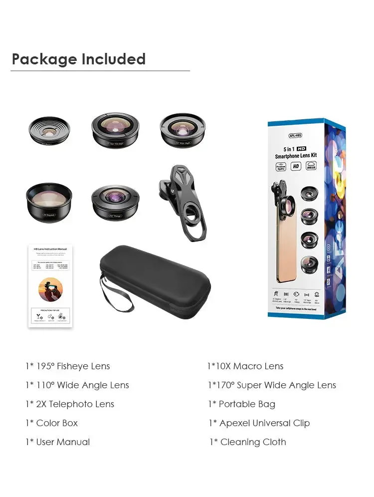 Apexel 4K HD Mobile Phone 5-in-1 Camera Lens Kit-4K HD Camera Lens