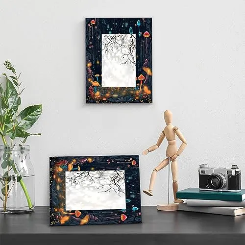 Bardic 4x6Picture Frames, Psychedelic Mushrooms Wooden Photo Frame Fits 3x5 with Mat or 4x6 Without Mat Photo Frames for Wall Mounting or Tabletop Display for Home Gallery Decor