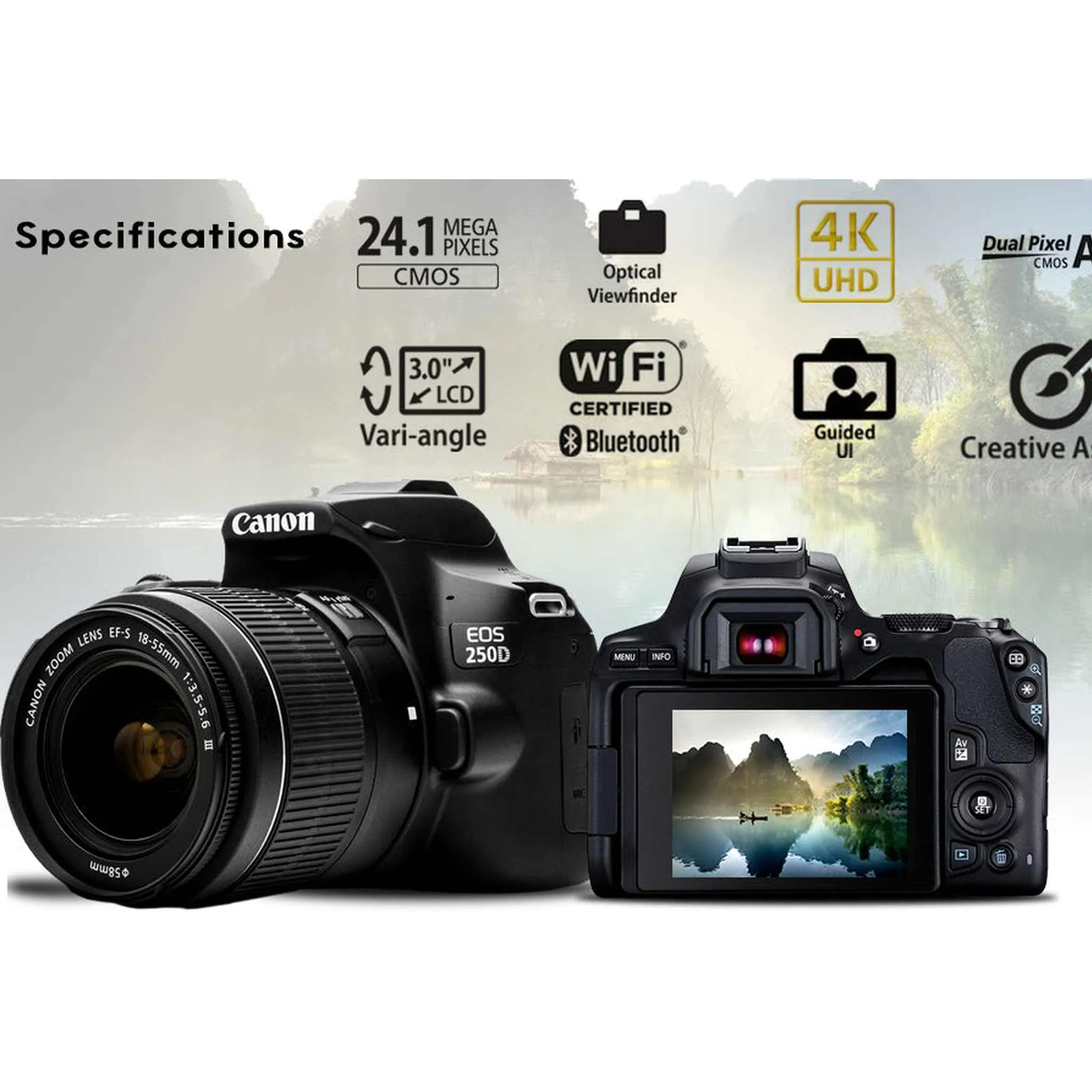 Canon EOS 250D / Rebel SL3 DSLR Camera with 18-55mm Lens (Black)   Creative Filter Set, EOS Camera Bag   Sandisk Ultra 64GB Card Pro Bundle