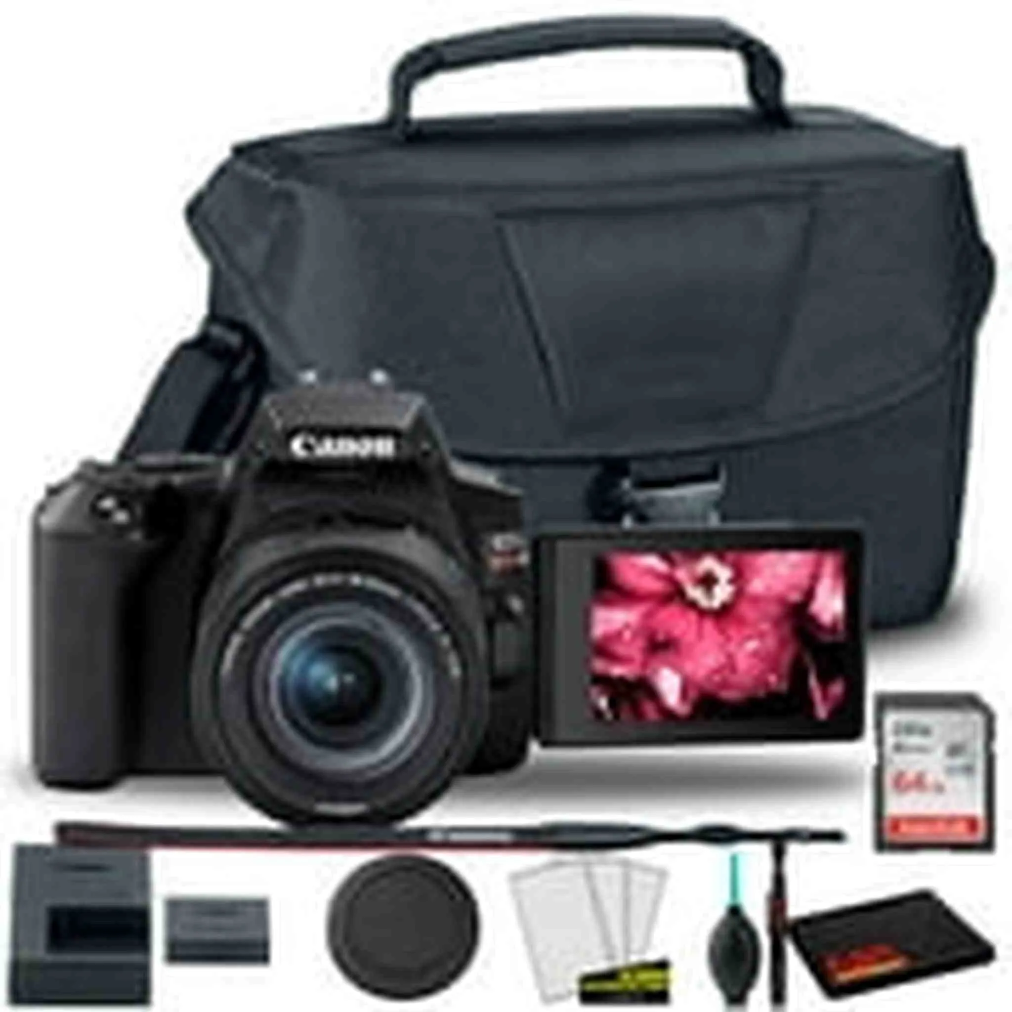 Canon EOS Rebel 250D/SL3 DSLR Camera with 18-55mm Lens (Black)   Canon EOS Bag   Sandisk Ultra 64GB Card   Cleaning Set and More