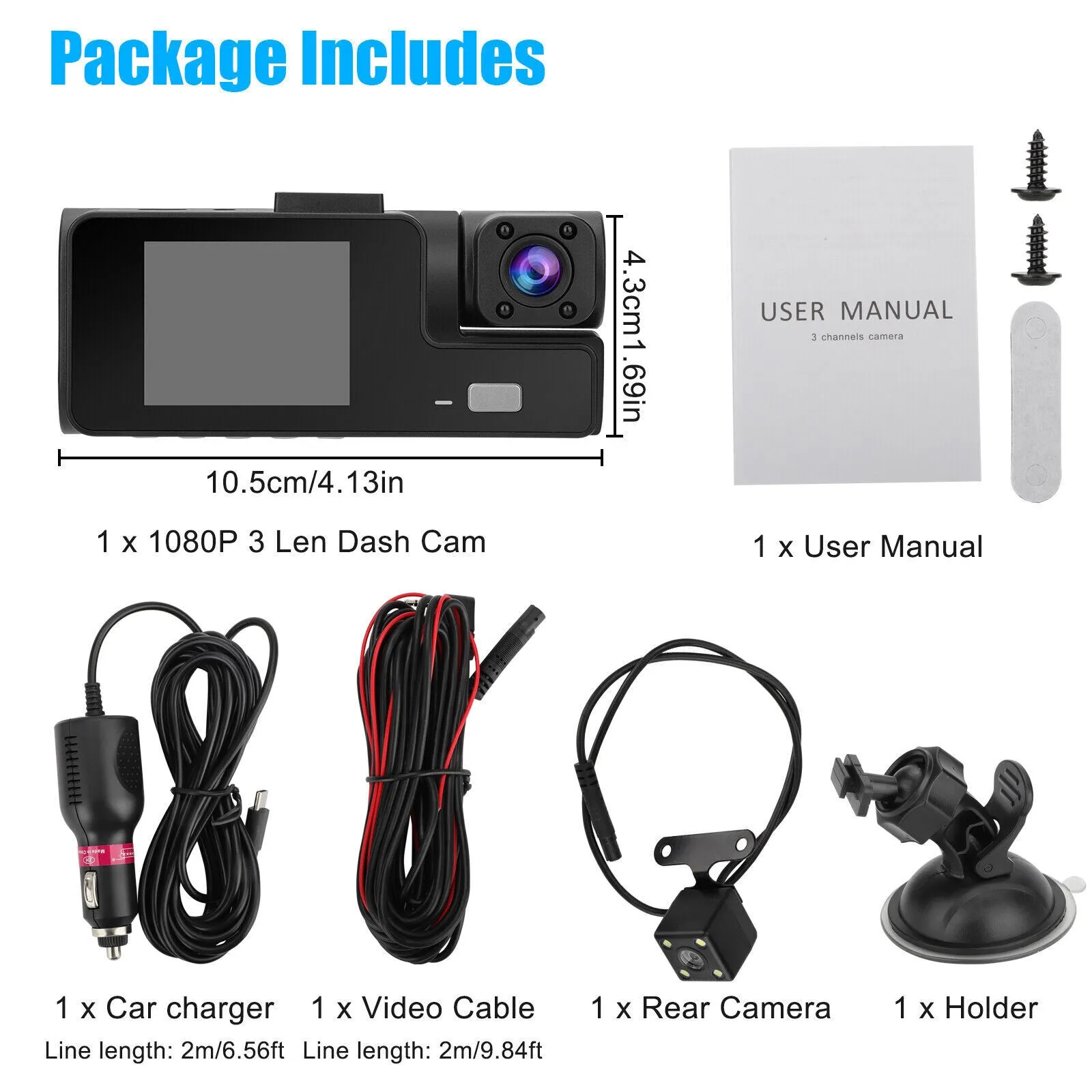 Car DVR Dash Cam Front And Rear Inside 3 Channel 1080P 2-inch IPS