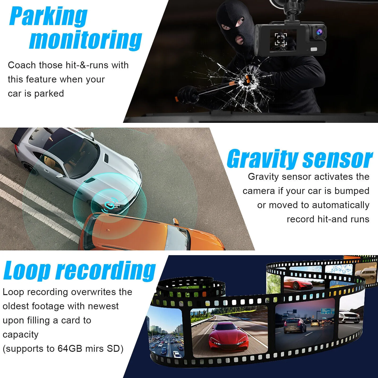 Car DVR Dash Cam Front And Rear Inside 3 Channel 1080P 2-inch IPS