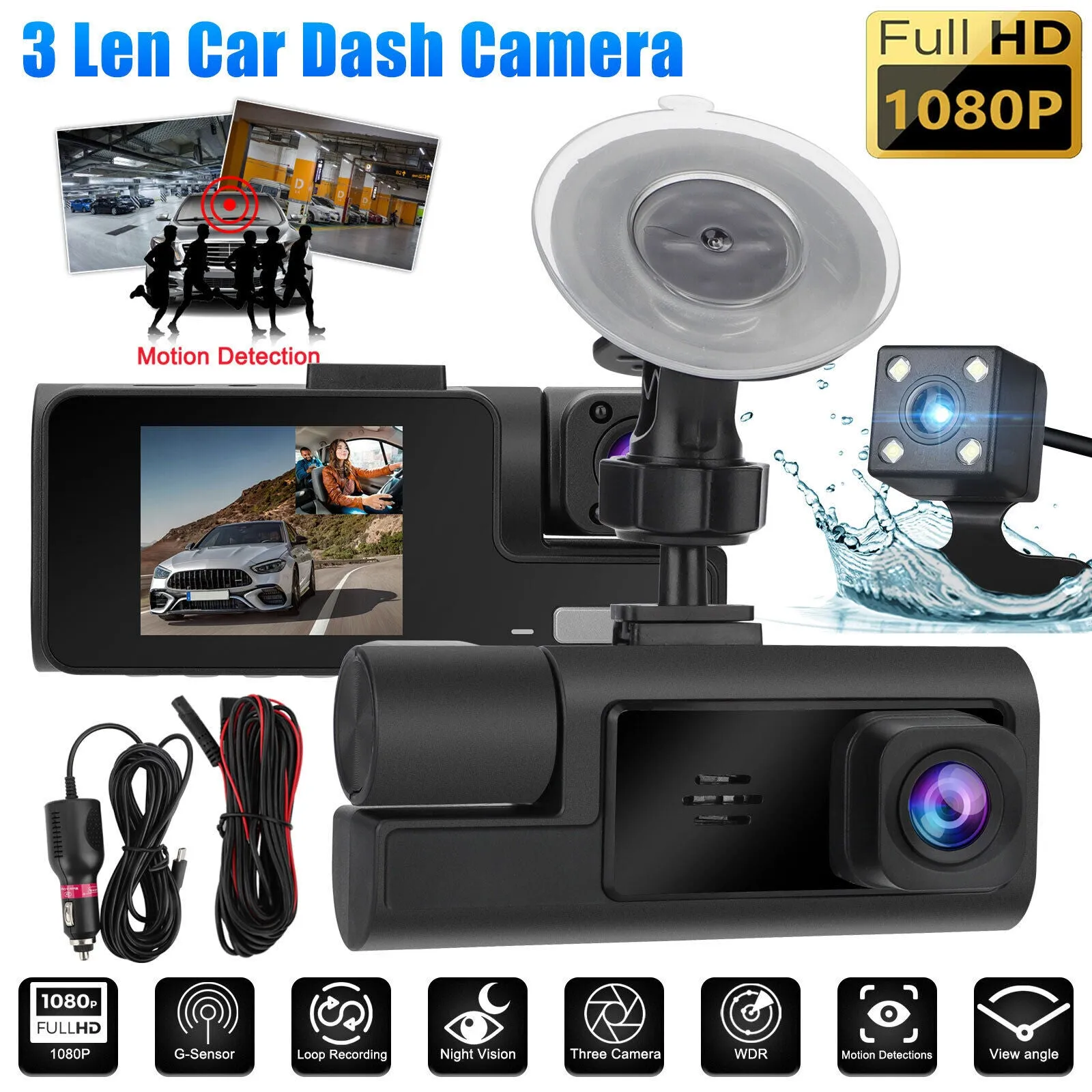 Car DVR Dash Cam Front And Rear Inside 3 Channel 1080P 2-inch IPS