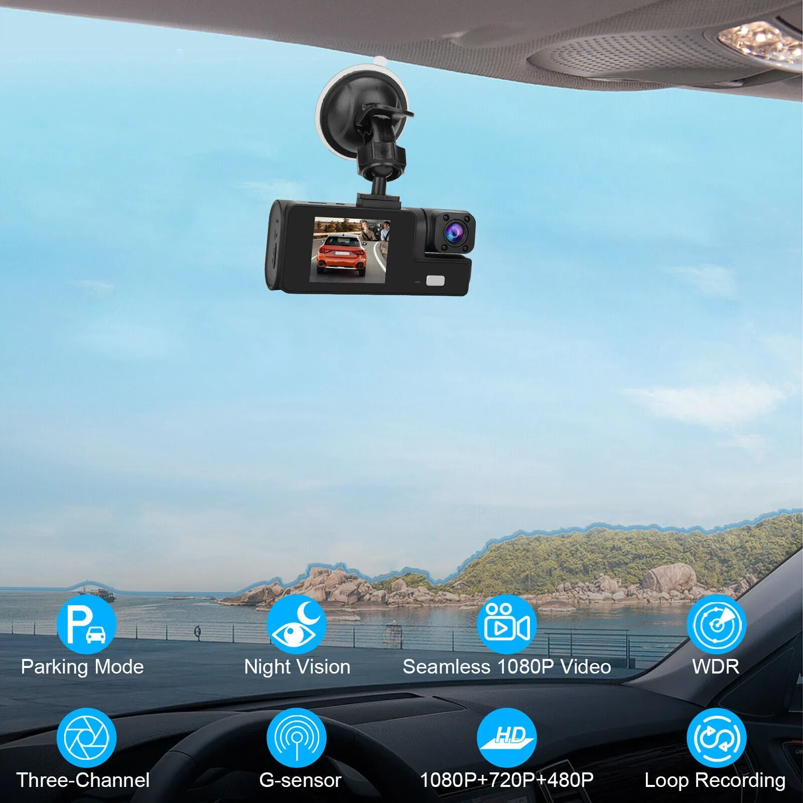 Car DVR Dash Cam Front And Rear Inside 3 Channel 1080P 2-inch IPS