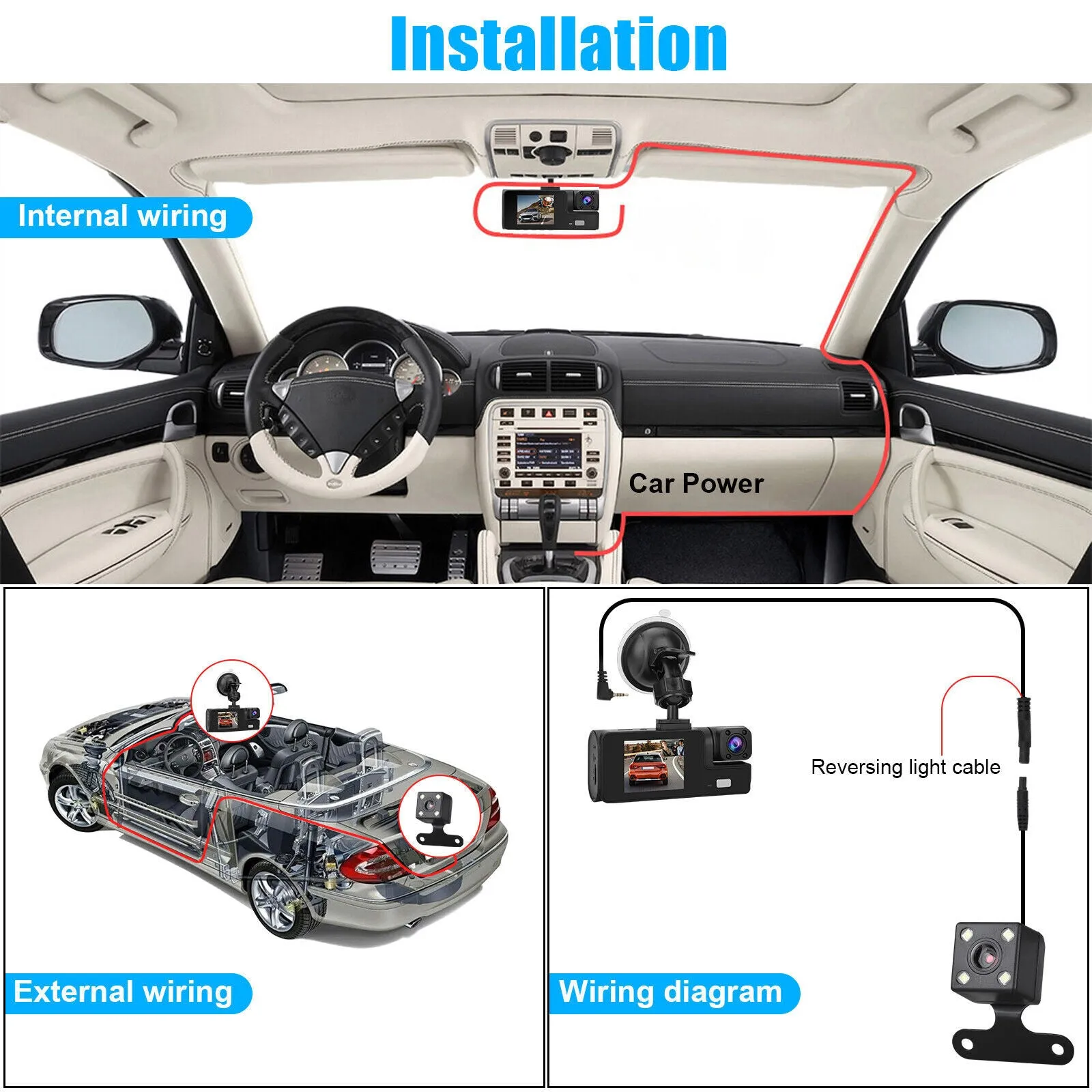 Car DVR Dash Cam Front And Rear Inside 3 Channel 1080P 2-inch IPS
