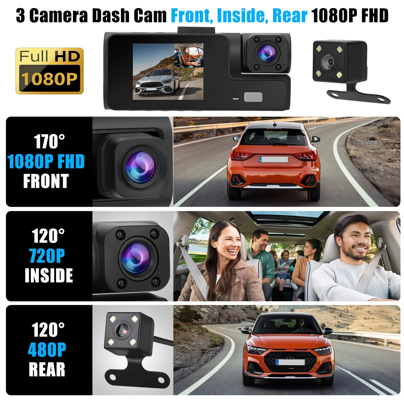 Car DVR Dash Cam Front And Rear Inside 3 Channel 1080P 2-inch IPS