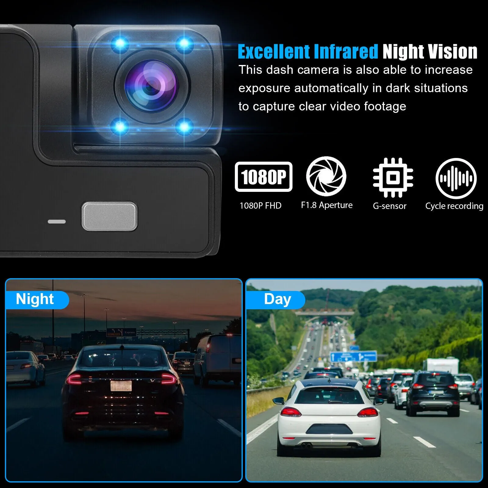 Car DVR Dash Cam Front And Rear Inside 3 Channel 1080P 2-inch IPS
