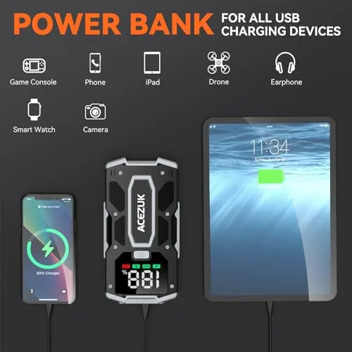 Car Jump Starter, 3000A 12V 8-in-1 Jump Starter Battery Pack, Up to 7.0L Gas & 5.5L Diesel Engines Quick Charge 3.0 Power Bank Jumper Cable with LED,Large Screen
