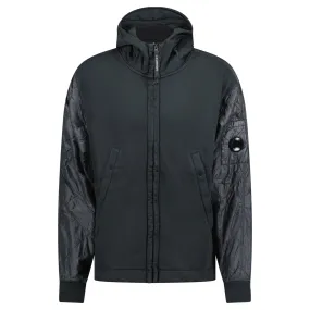 CP COMPANY DIAGONAL RAISED MIXED QUILTED LENSE HOODIE BLACK