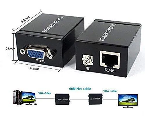Fedus Metal Iron Body 60 m VGA to RJ45 Signal Extender Repeater over Ethernet Cable Transmitter and Receiver to CAT5 CAT6 RJ45 Network Cable Adapter (Black) OPEN BOX