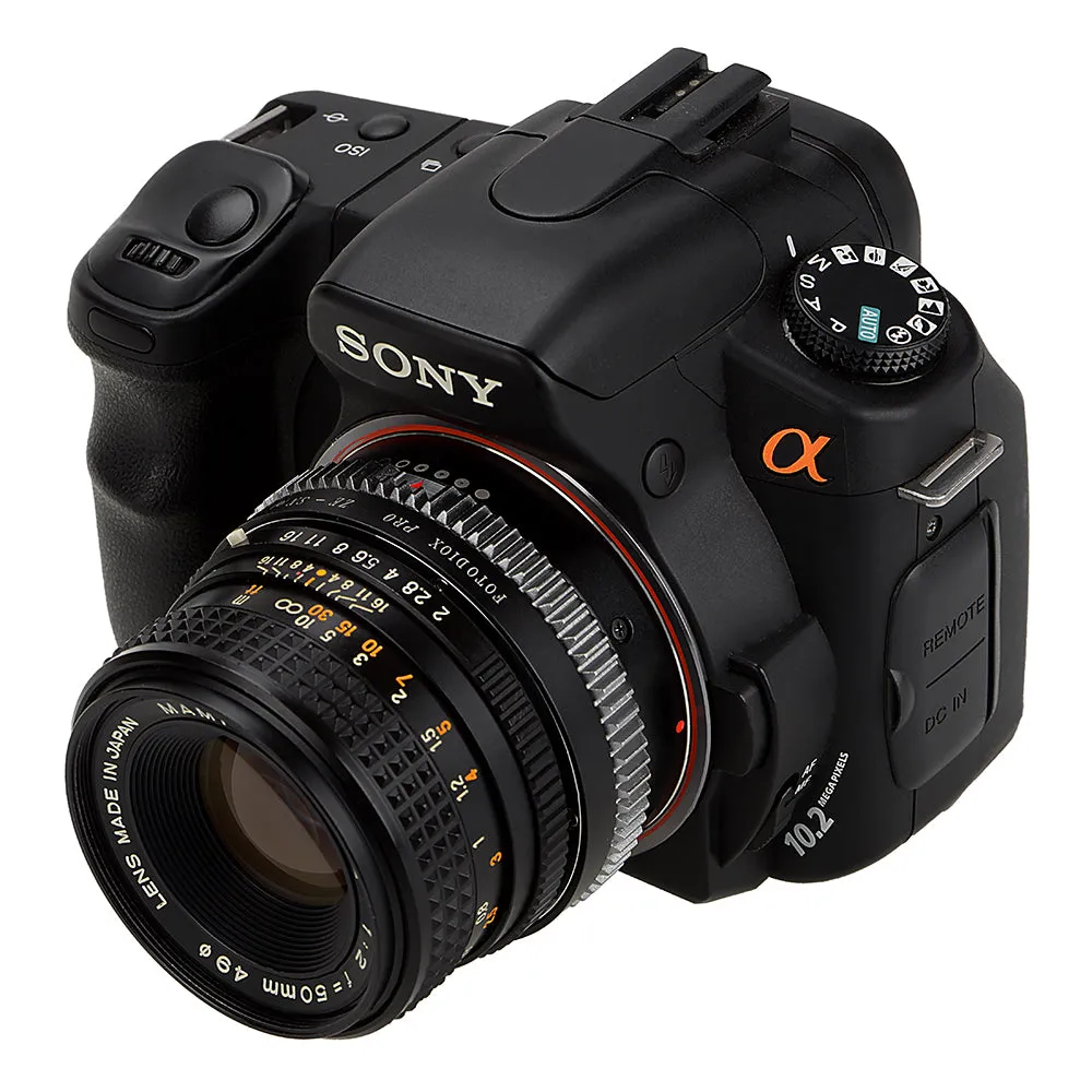 Fotodiox Pro Lens Mount Adapter - Mamiya 35mm (ZE) SLR Lens to Sony Alpha A-Mount (and Minolta AF) Mount SLR Camera Body