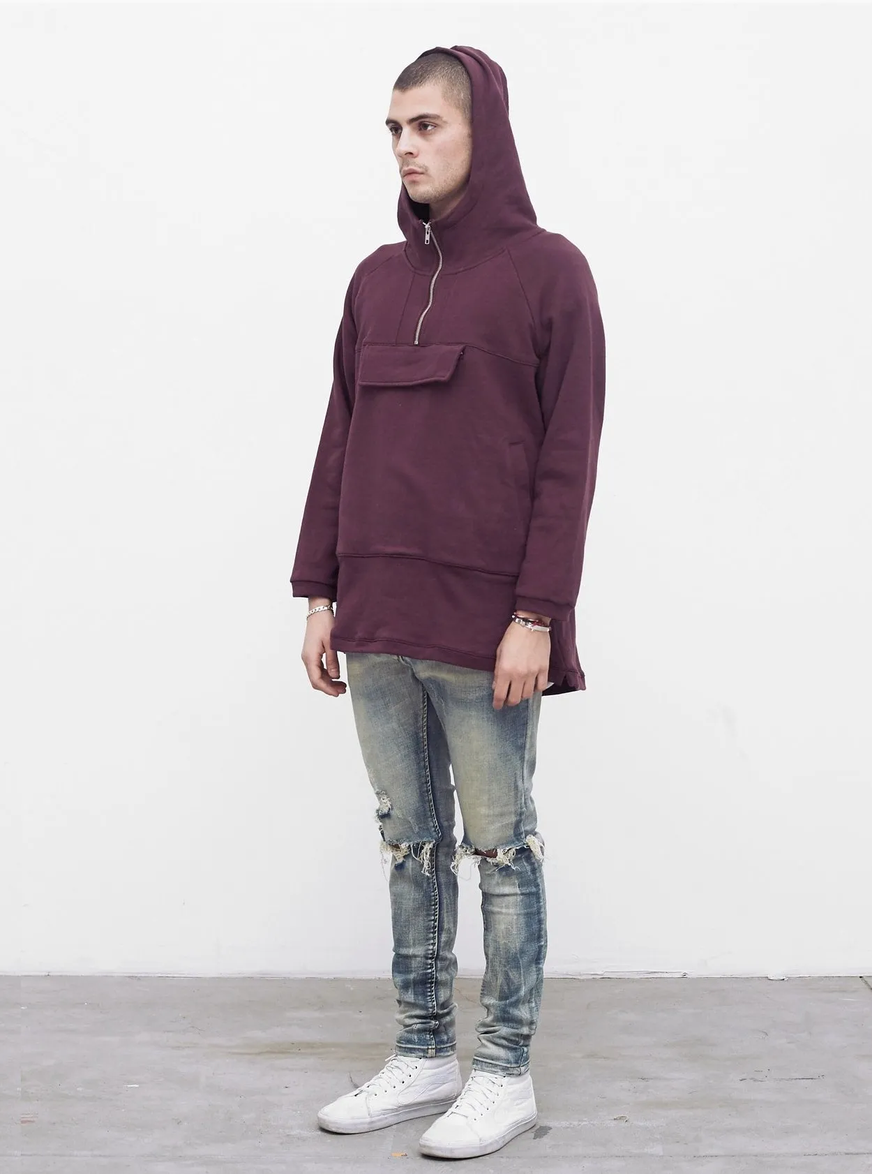 French Terry Anorak Pullover in Dark Oxblood