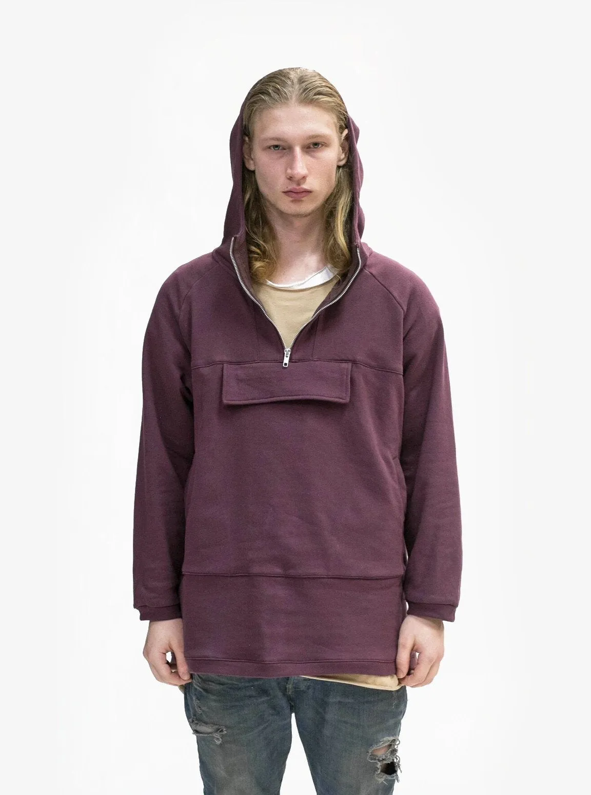 French Terry Anorak Pullover in Dark Oxblood