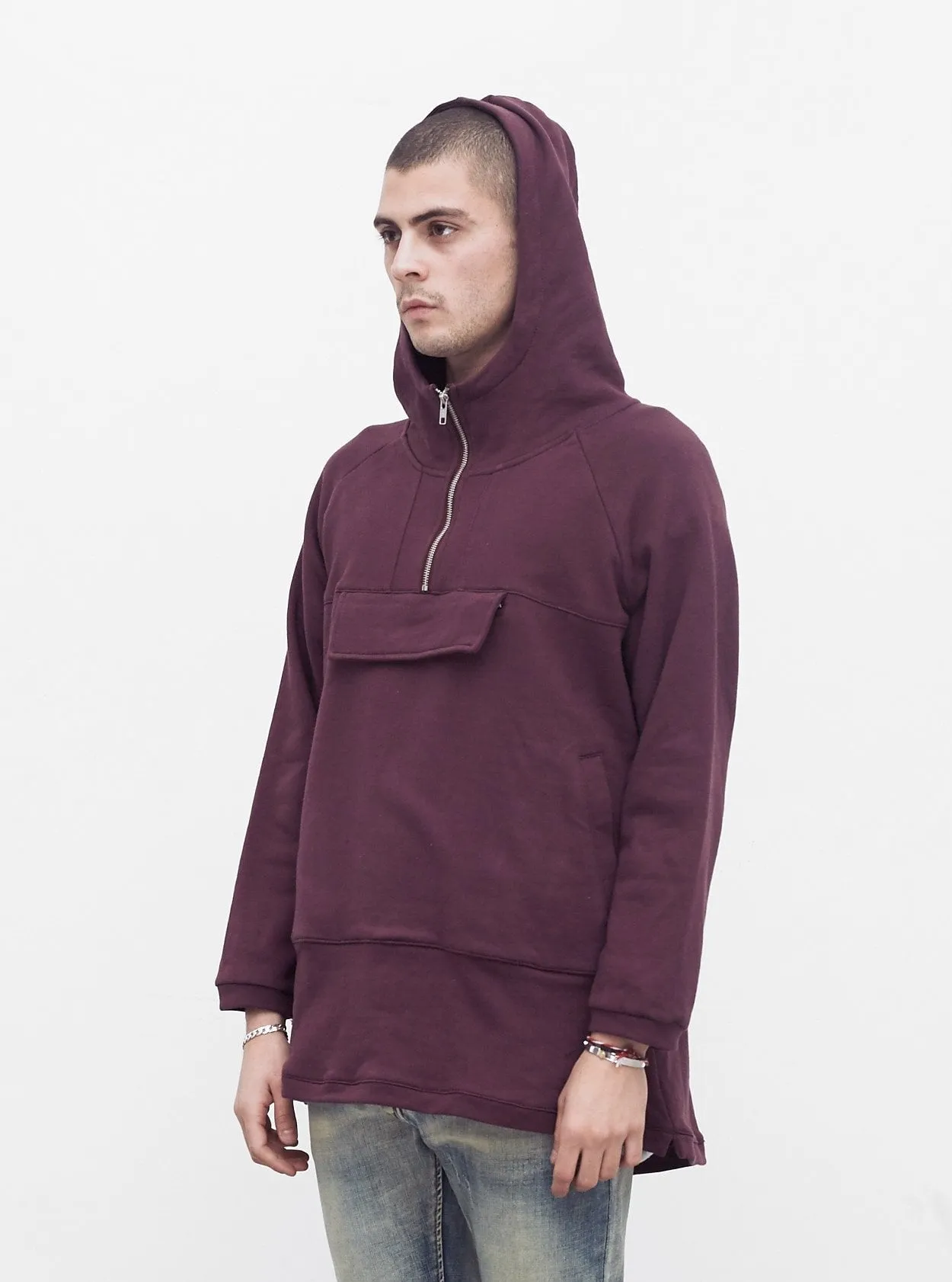 French Terry Anorak Pullover in Dark Oxblood