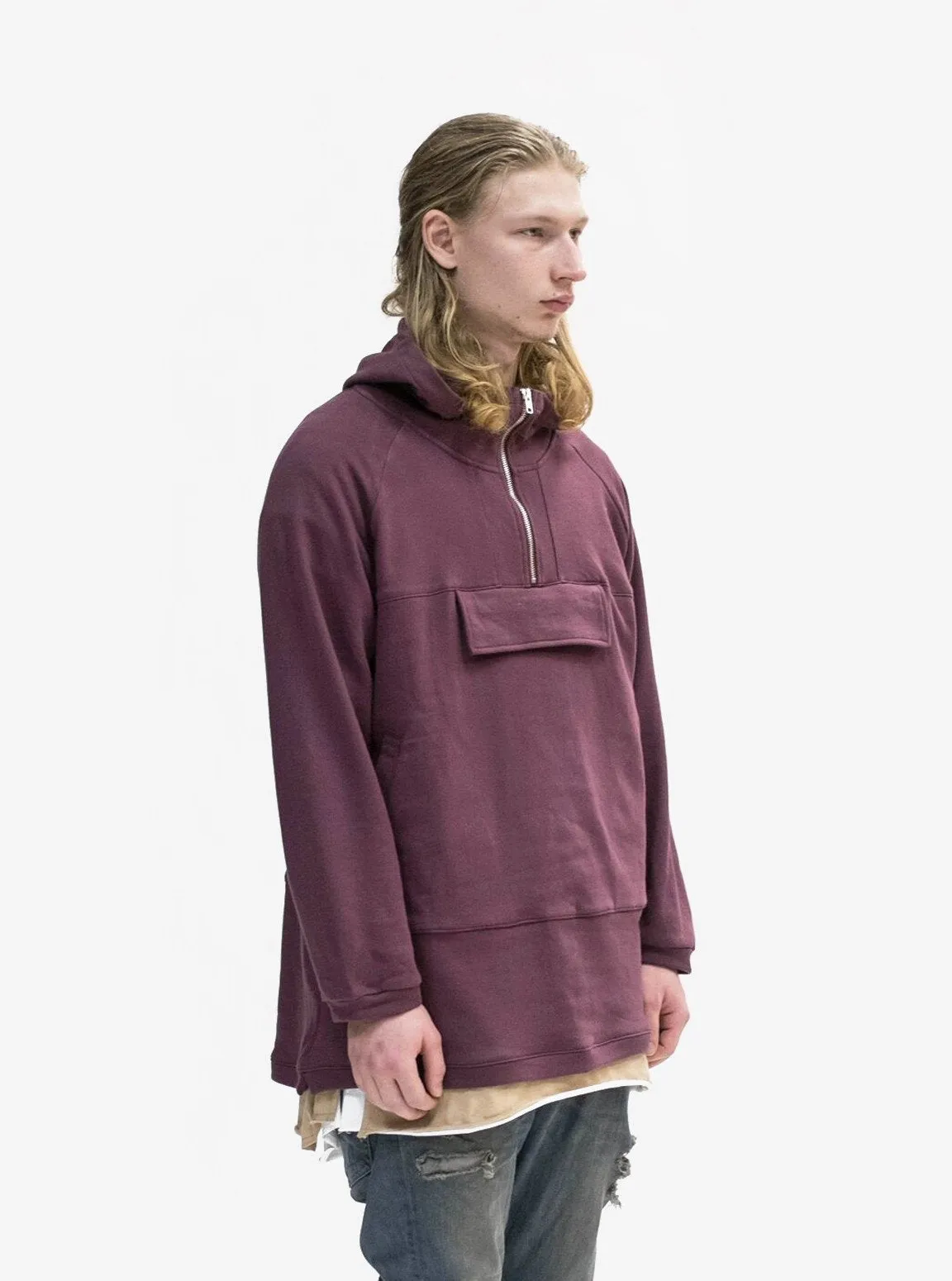 French Terry Anorak Pullover in Dark Oxblood