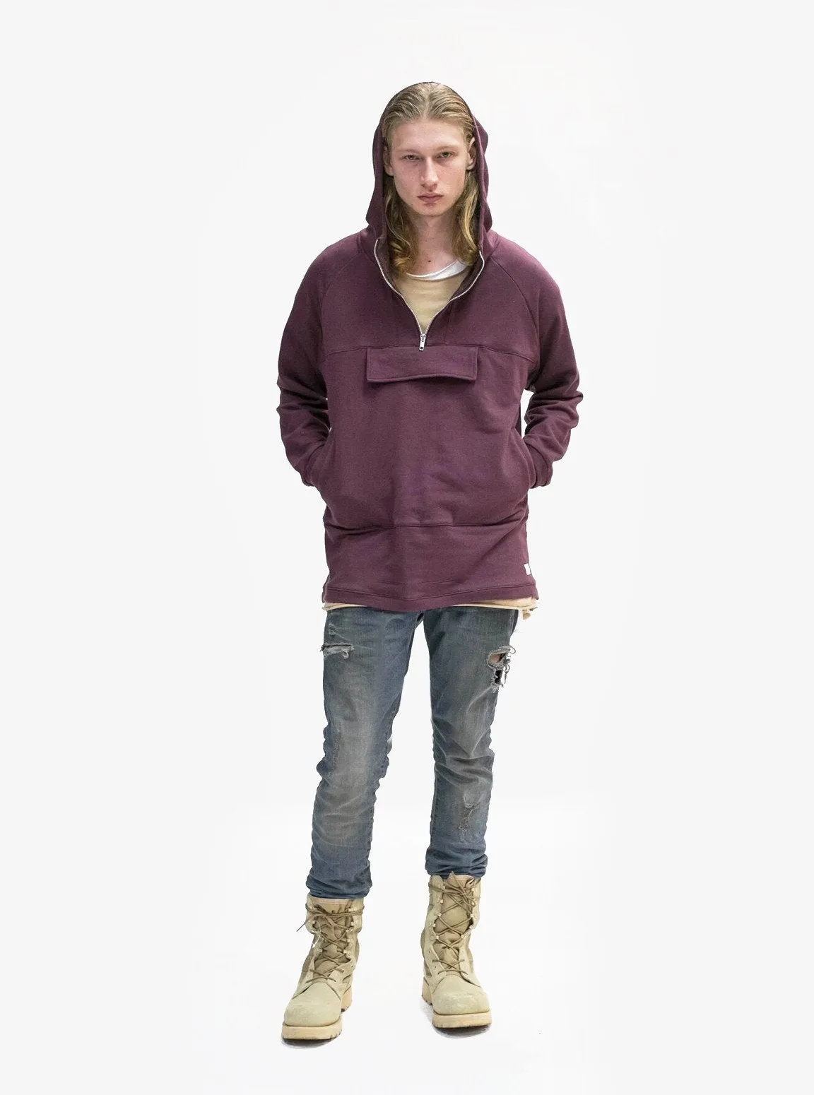 French Terry Anorak Pullover in Dark Oxblood