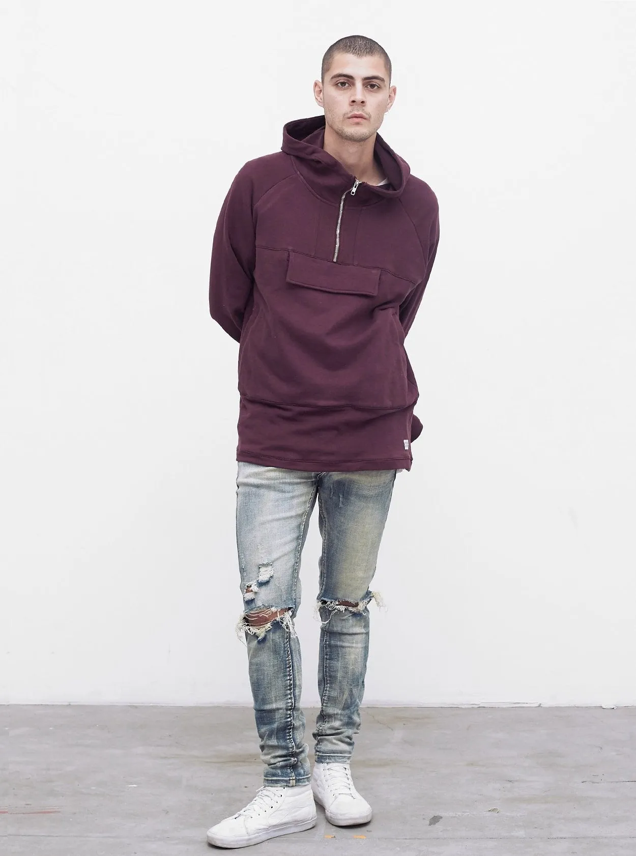 French Terry Anorak Pullover in Dark Oxblood
