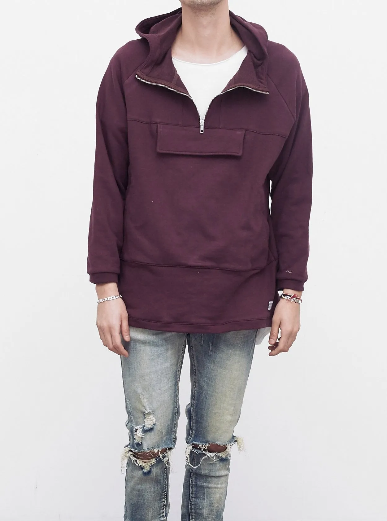 French Terry Anorak Pullover in Dark Oxblood