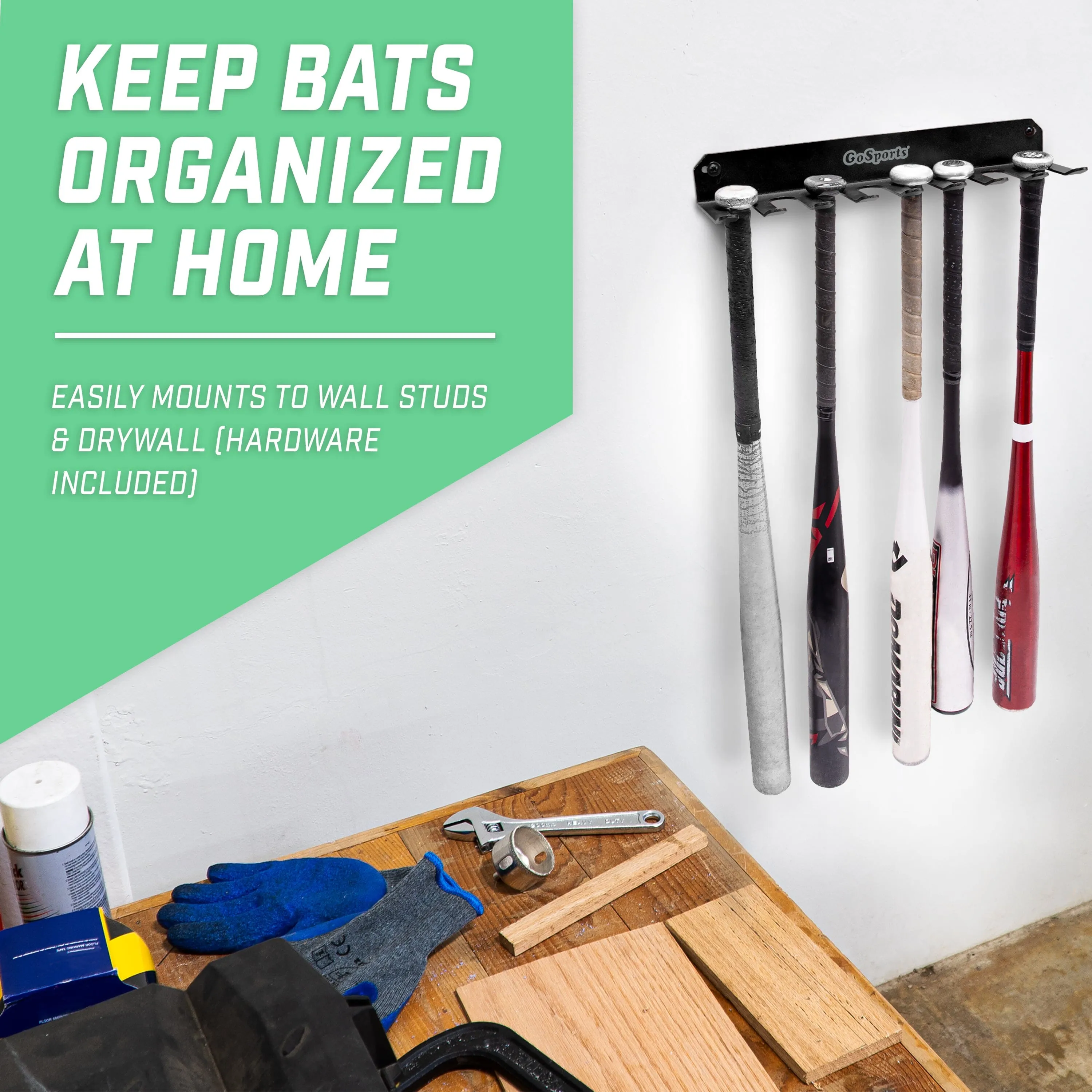 GoSports Baseball & Softball Bat Rack - Holds 16 Bats - Mount on Wall or Clip on Dugout Fence - Black
