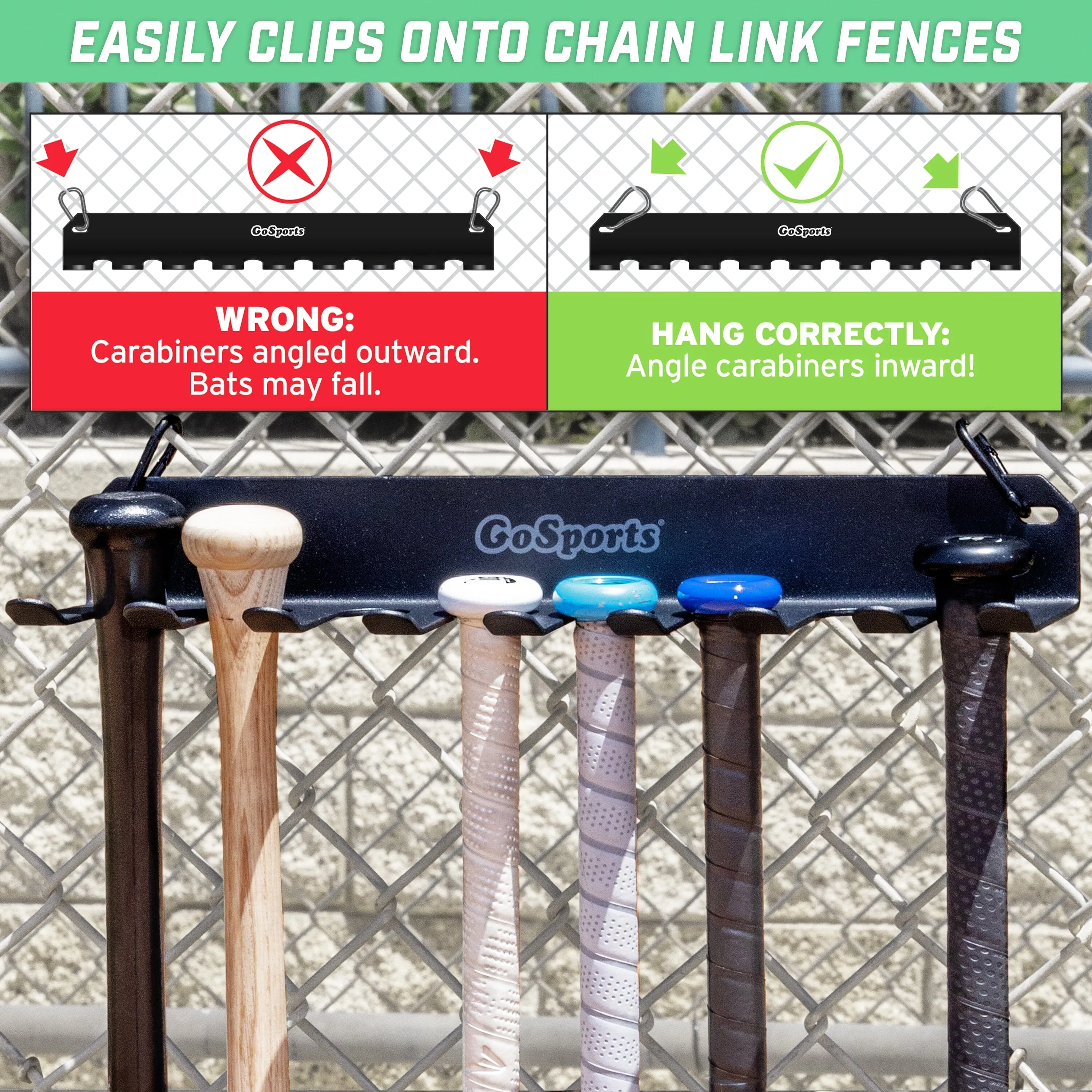 GoSports Baseball & Softball Bat Rack - Holds 16 Bats - Mount on Wall or Clip on Dugout Fence - Black
