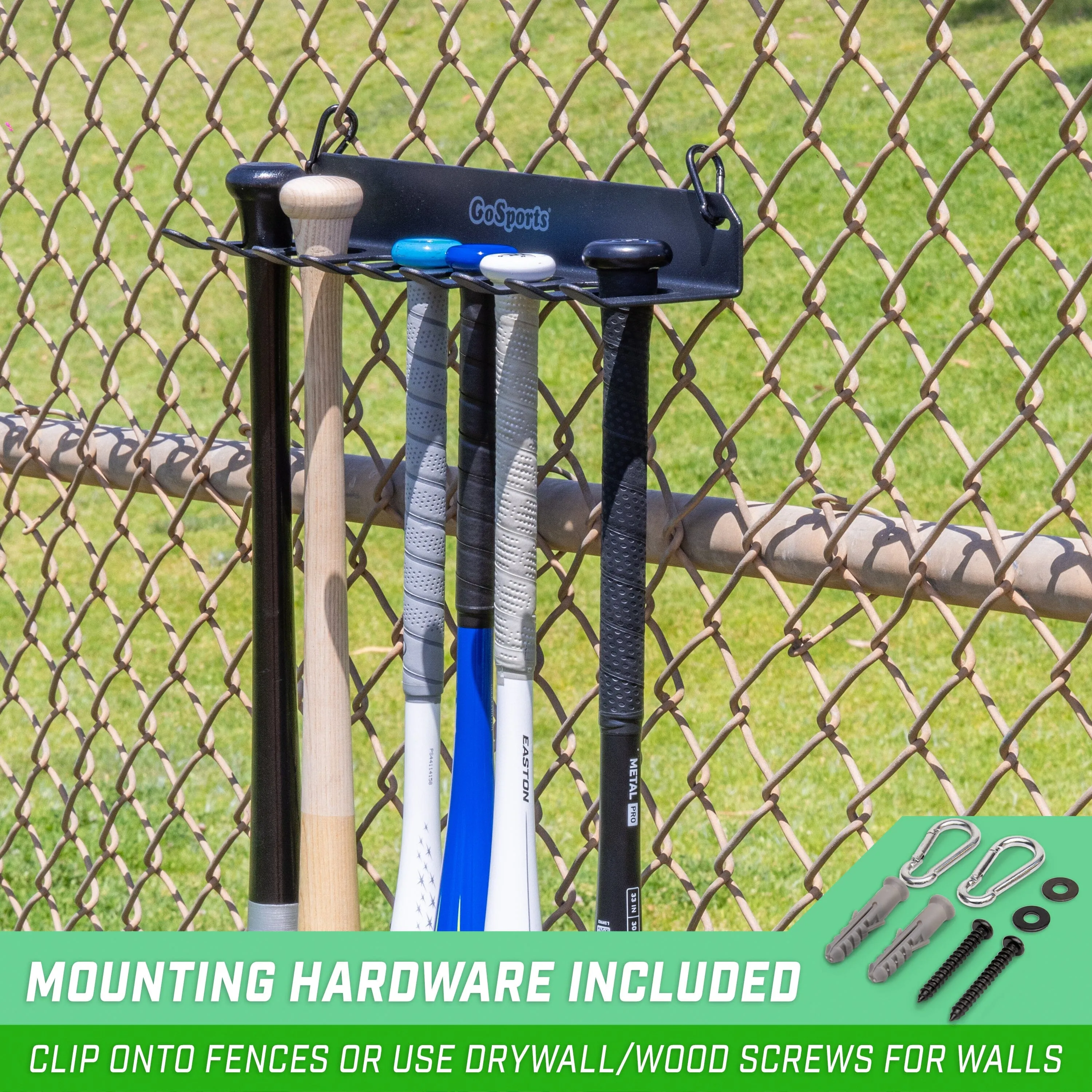 GoSports Baseball & Softball Bat Rack - Holds 16 Bats - Mount on Wall or Clip on Dugout Fence - Black