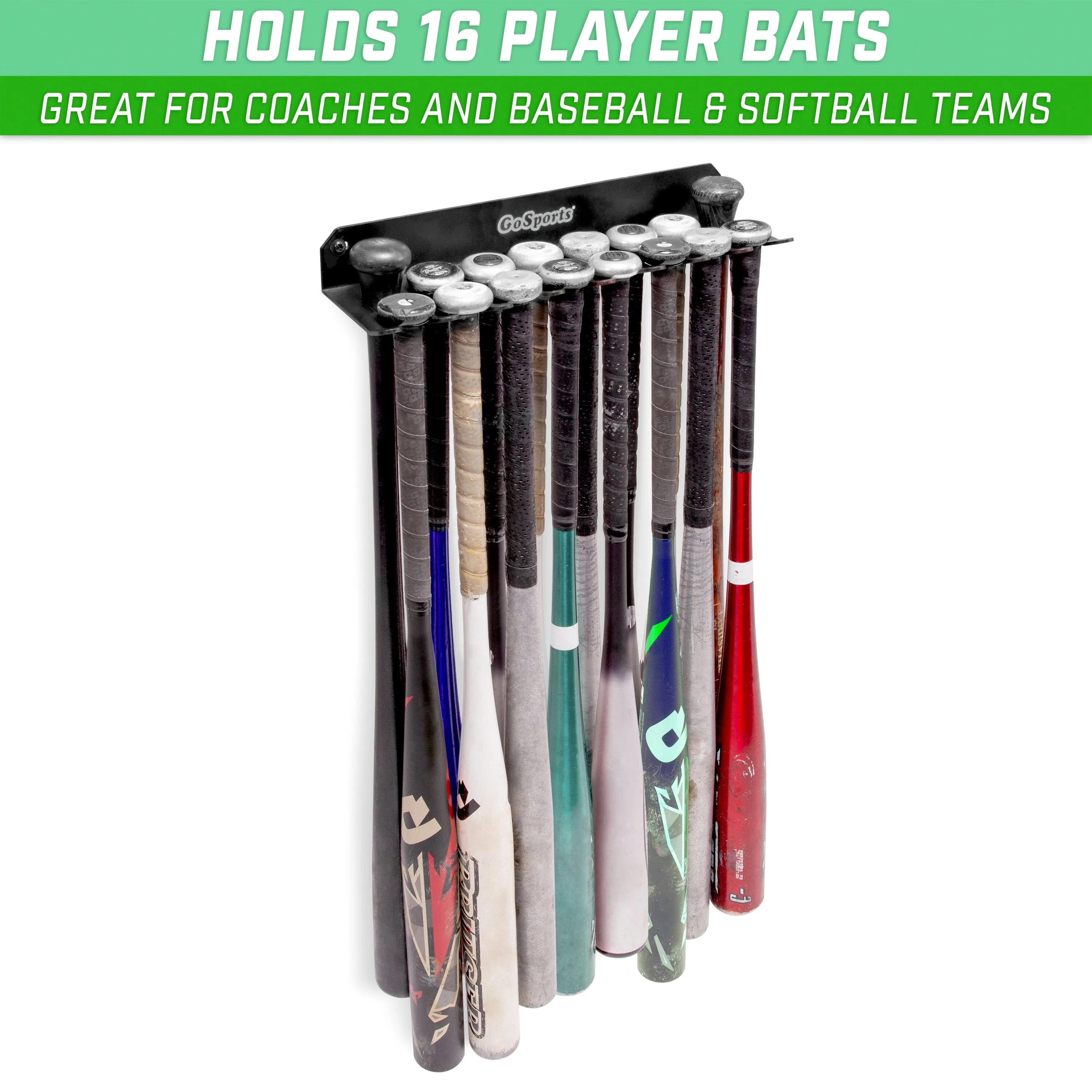 GoSports Baseball & Softball Bat Rack - Holds 16 Bats - Mount on Wall or Clip on Dugout Fence - Black