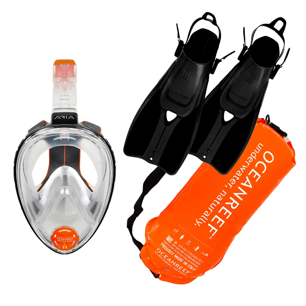 Ocean Reef ARIA Classic Snorkaling Mask   DUO II Fins w/ Dry Bag Buoy