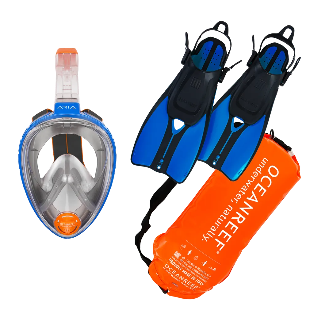 Ocean Reef ARIA Classic Snorkaling Mask   DUO II Fins w/ Dry Bag Buoy