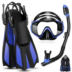 Odoland Kids Snorkeling Packages Snorkel Set Anti-Fog and Anti-Leak Dry Top Snorkel Mask with Adjustable Swim Fins for Boys and Girls Age 7-14 Blue