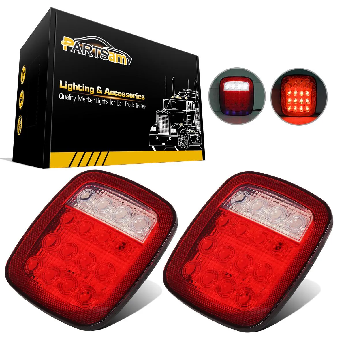 Partsam 2x Universal 16 LED Stop Tail Turn Signal Backup Reverse Brake Clearance Marker Lights Lamps Red/White Replacement for Jeep YJ JK CJ Truck Trailer Waterproof 12V