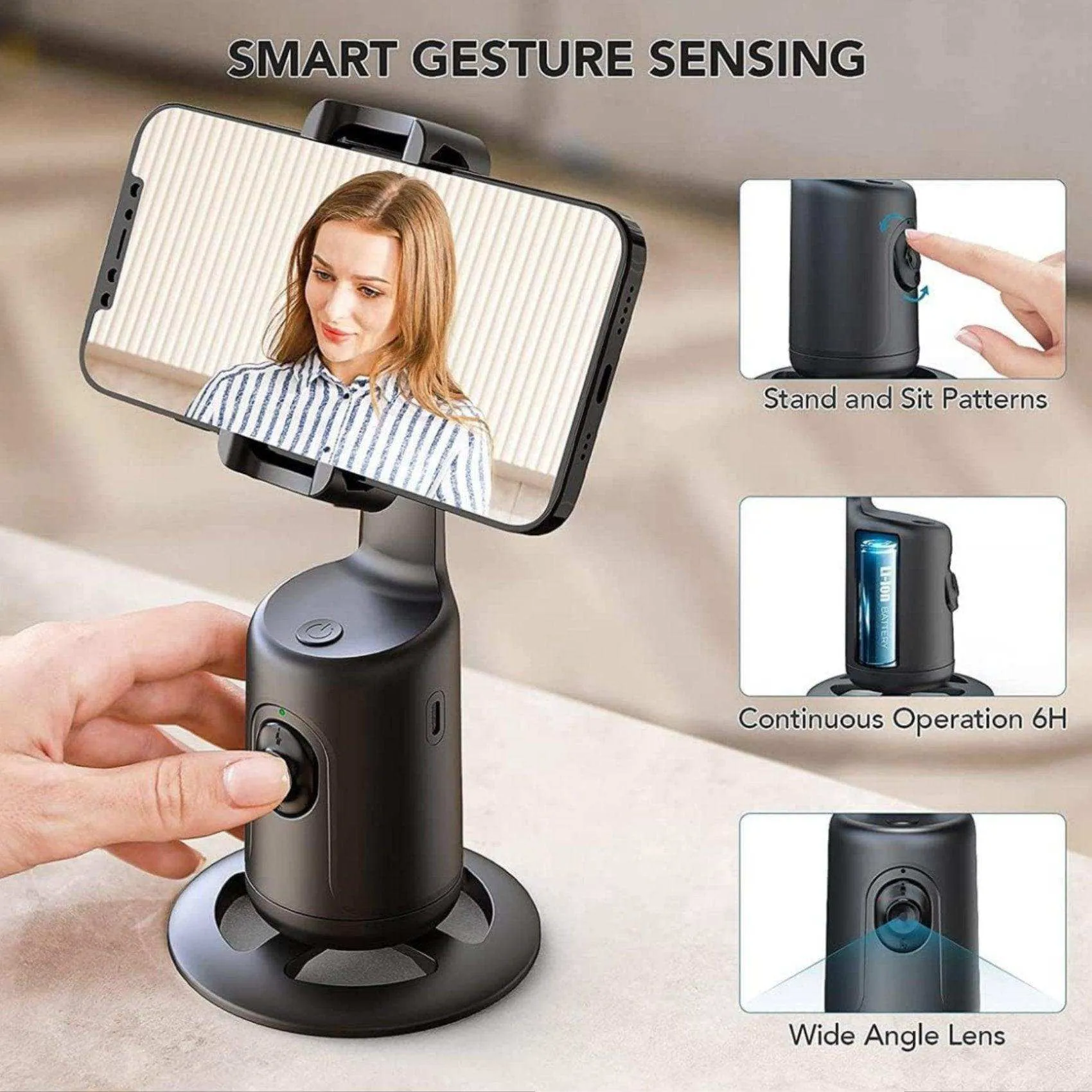 TUTT P1 Selfie Phone Holder Mount | Smart 360° Auto Face Tracking Gimbal Desktop Stabilizer Tripod | Adjustable Lens | No App, Gesture Control | Stable Base Smartphone Live Chat