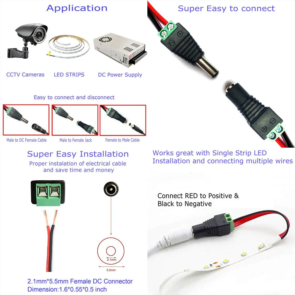 US 20-40 Pairs Female Male 12V DC Power Connector 5.5x 2.1mm Socket Jack Plug