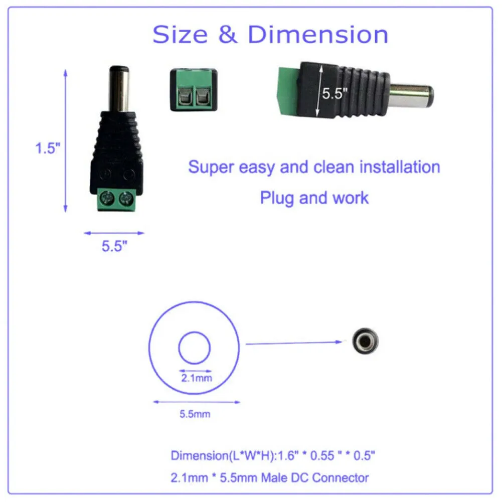 US 20-40 Pairs Female Male 12V DC Power Connector 5.5x 2.1mm Socket Jack Plug
