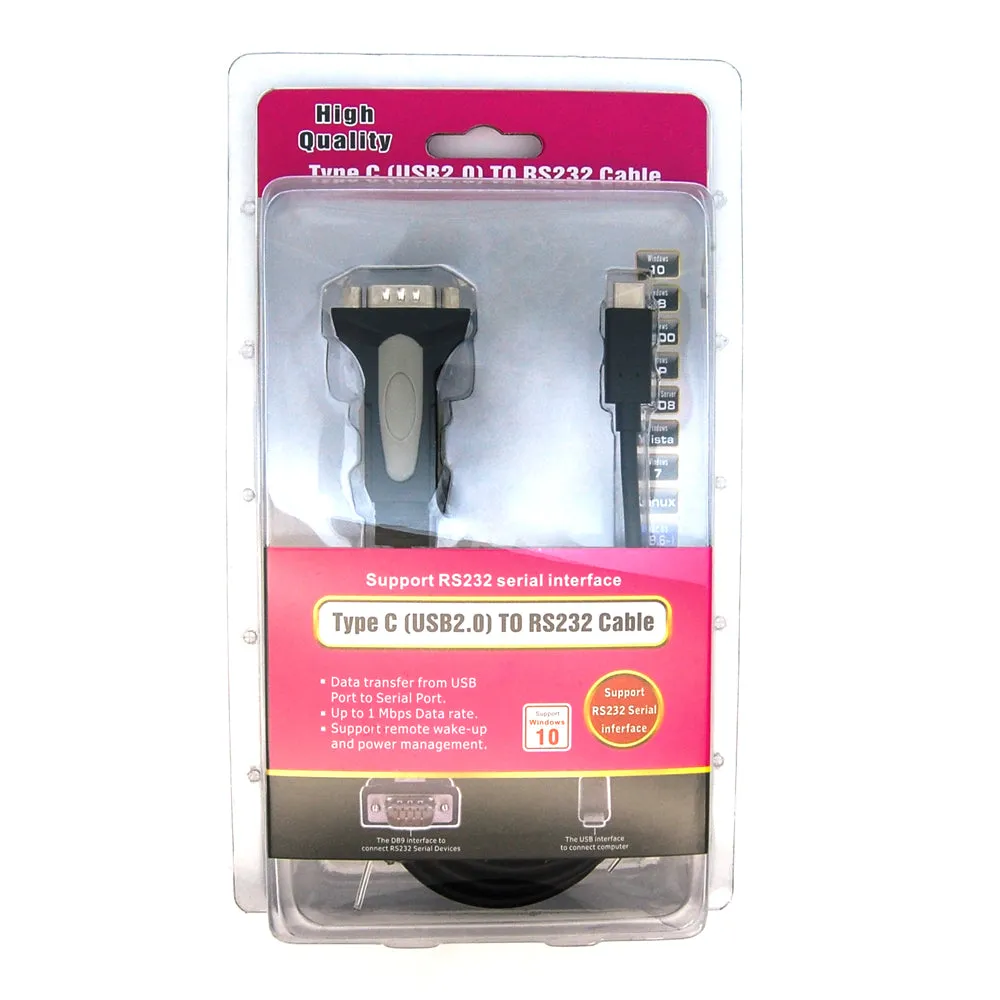 USB Type C to RS232 Serial Adapter DB9-Male/ Hex Nut, FTDI Chipset