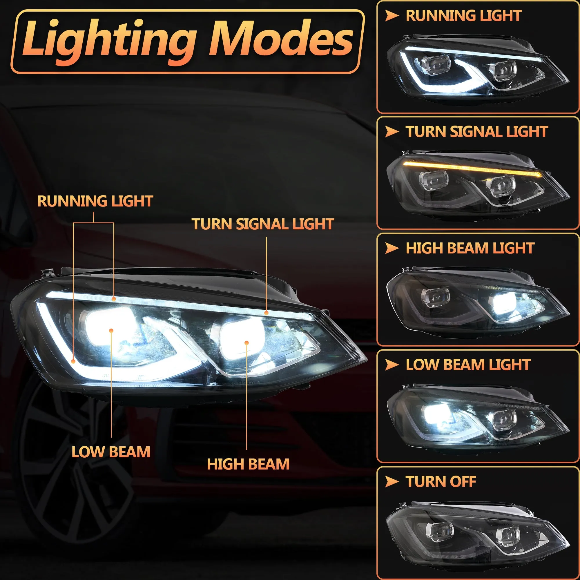 VLAND LED Projector Headlights For Volkswagen(VW) Golf MK7 2014-2017 With Sequential indicator Turn Signals (MK8 Style)