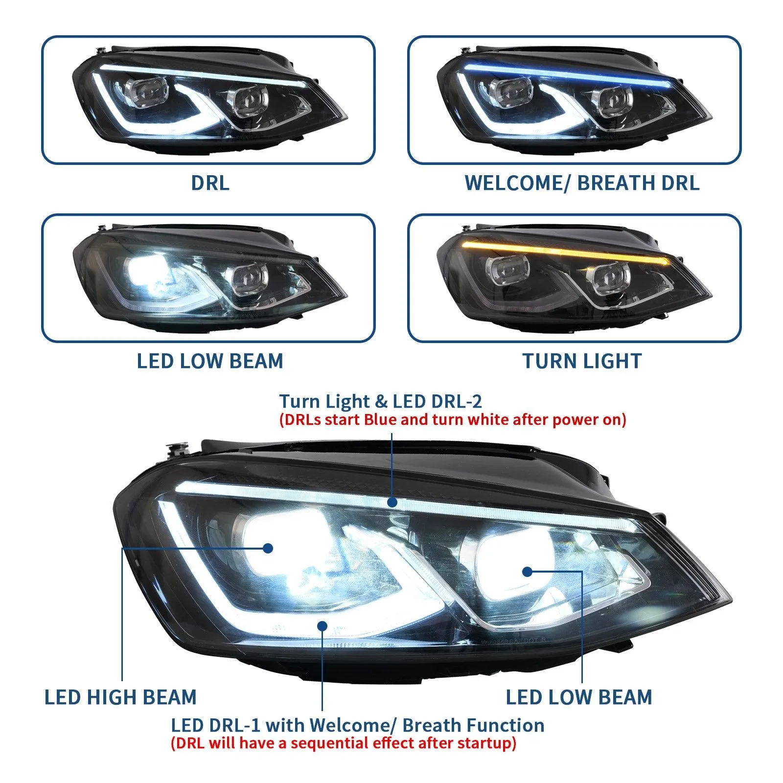 VLAND LED Projector Headlights For Volkswagen(VW) Golf MK7 2014-2017 With Sequential indicator Turn Signals (MK8 Style)