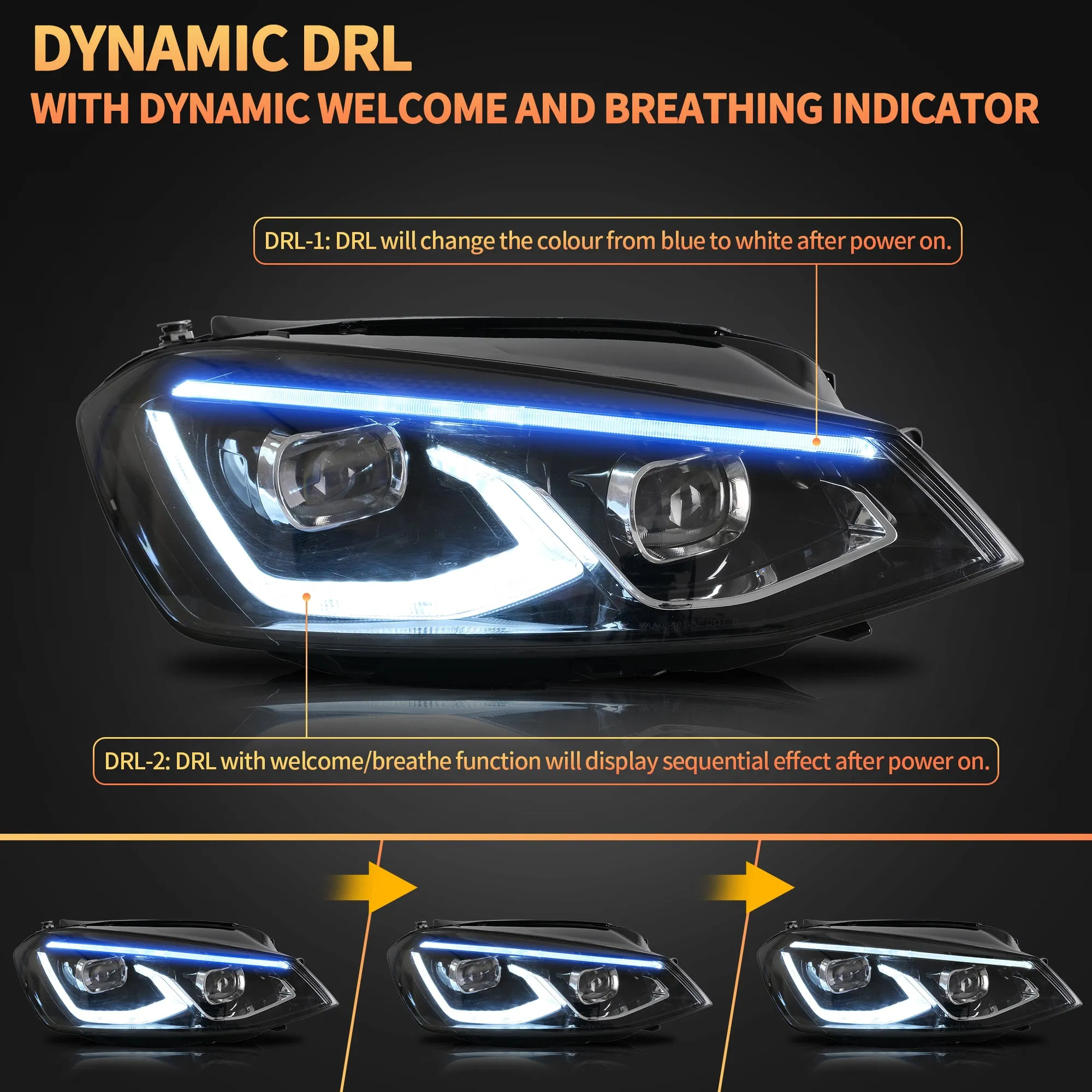 VLAND LED Projector Headlights For Volkswagen(VW) Golf MK7 2014-2017 With Sequential indicator Turn Signals (MK8 Style)