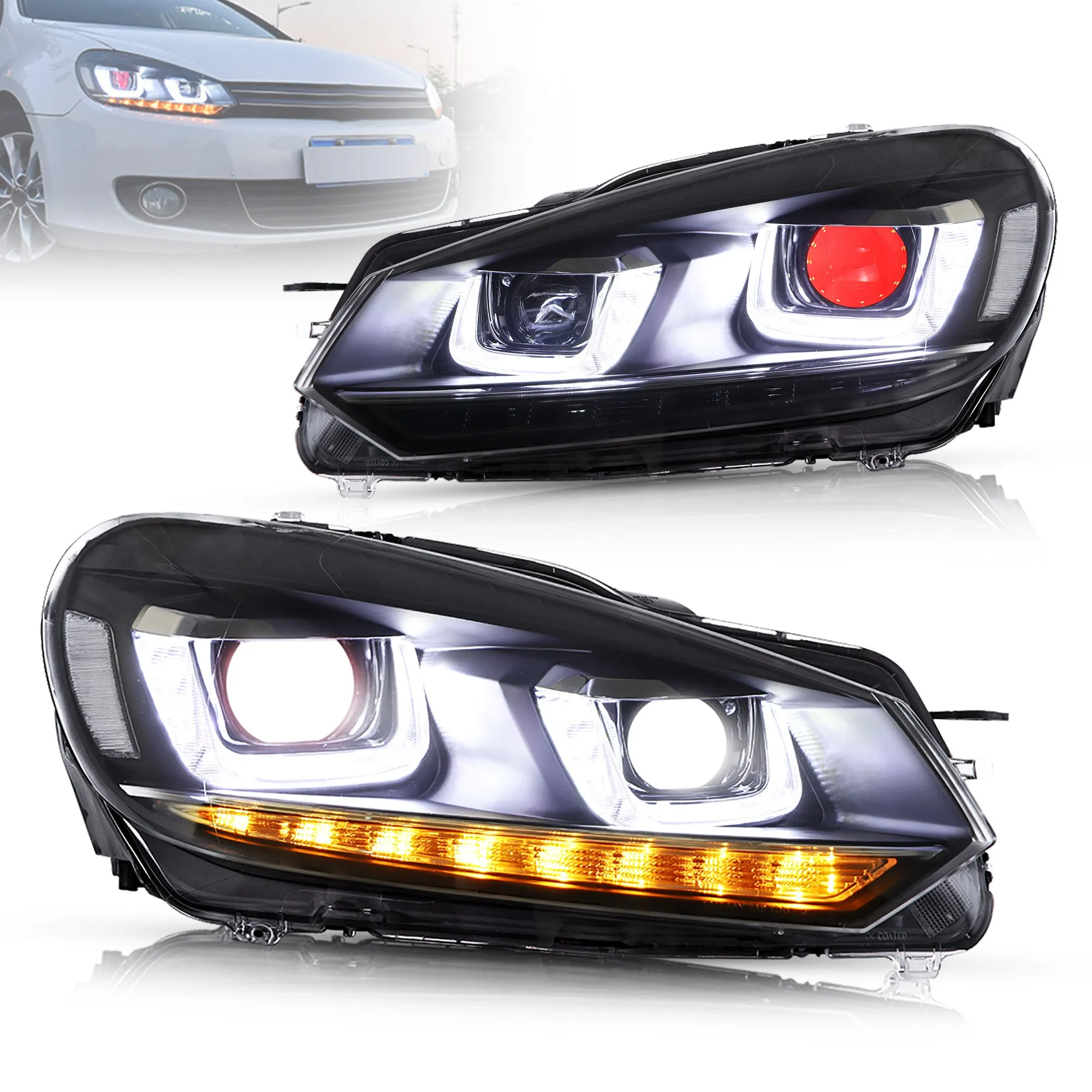 VLAND LED Projector Headlights Red Demon Eyes For Volkswagen VW Golf Mk6 2008-2014 (TSI TDI GTD LPG) [E-MARK]