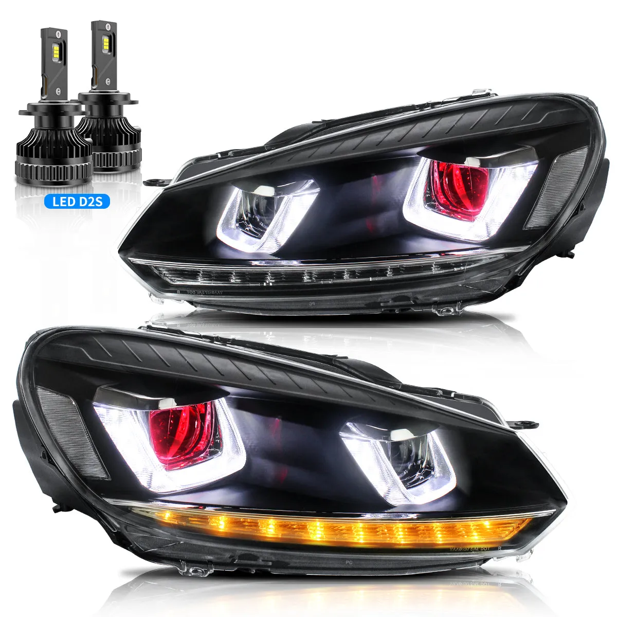 VLAND LED Projector Headlights Red Demon Eyes For Volkswagen VW Golf Mk6 2008-2014 (TSI TDI GTD LPG) [E-MARK]