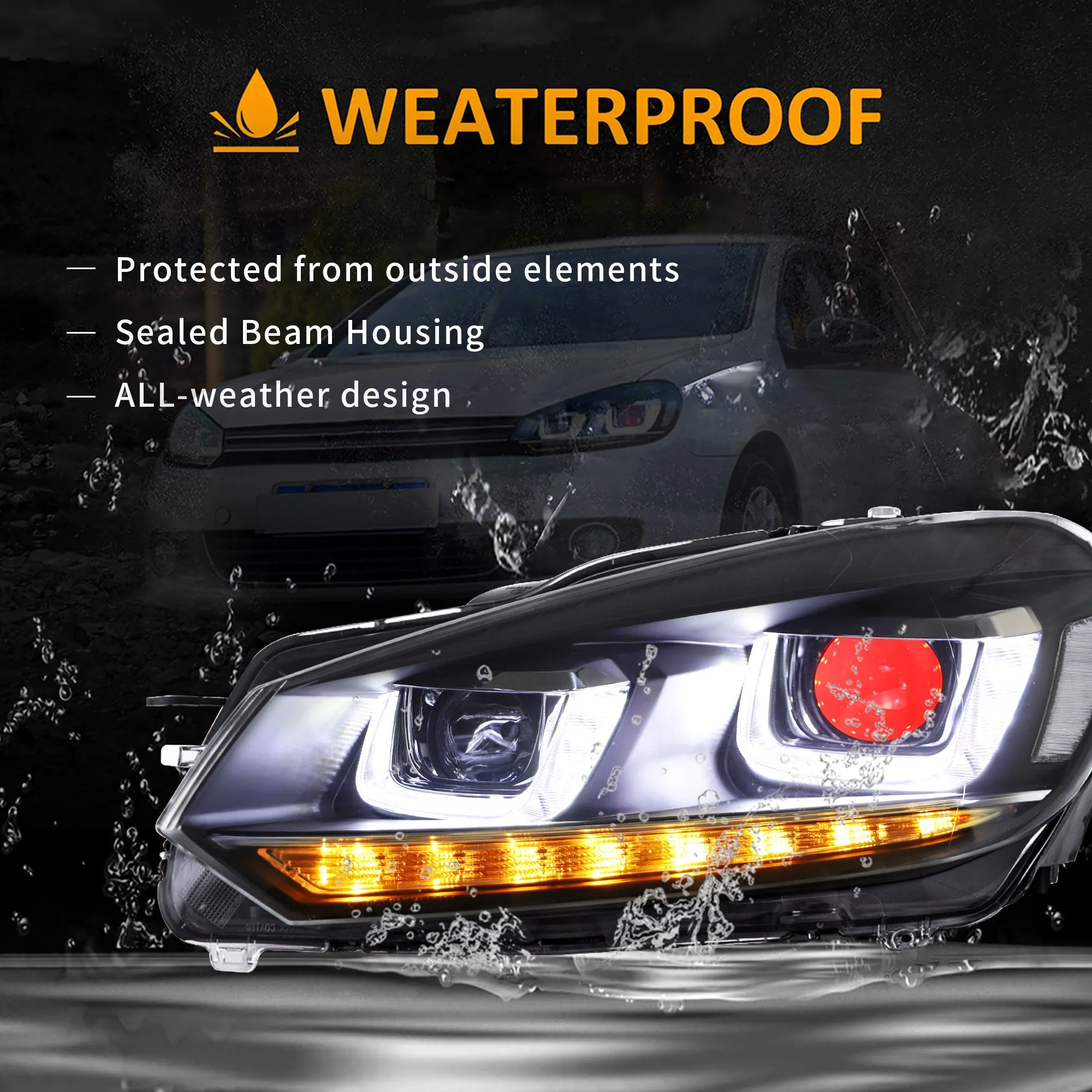 VLAND LED Projector Headlights Red Demon Eyes For Volkswagen VW Golf Mk6 2008-2014 (TSI TDI GTD LPG) [E-MARK]