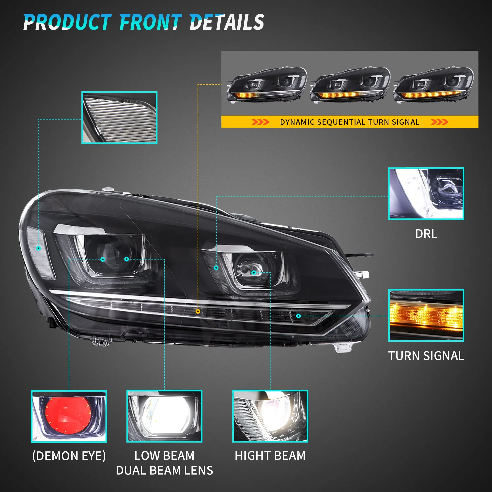 VLAND LED Projector Headlights Red Demon Eyes For Volkswagen VW Golf Mk6 2008-2014 (TSI TDI GTD LPG) [E-MARK]