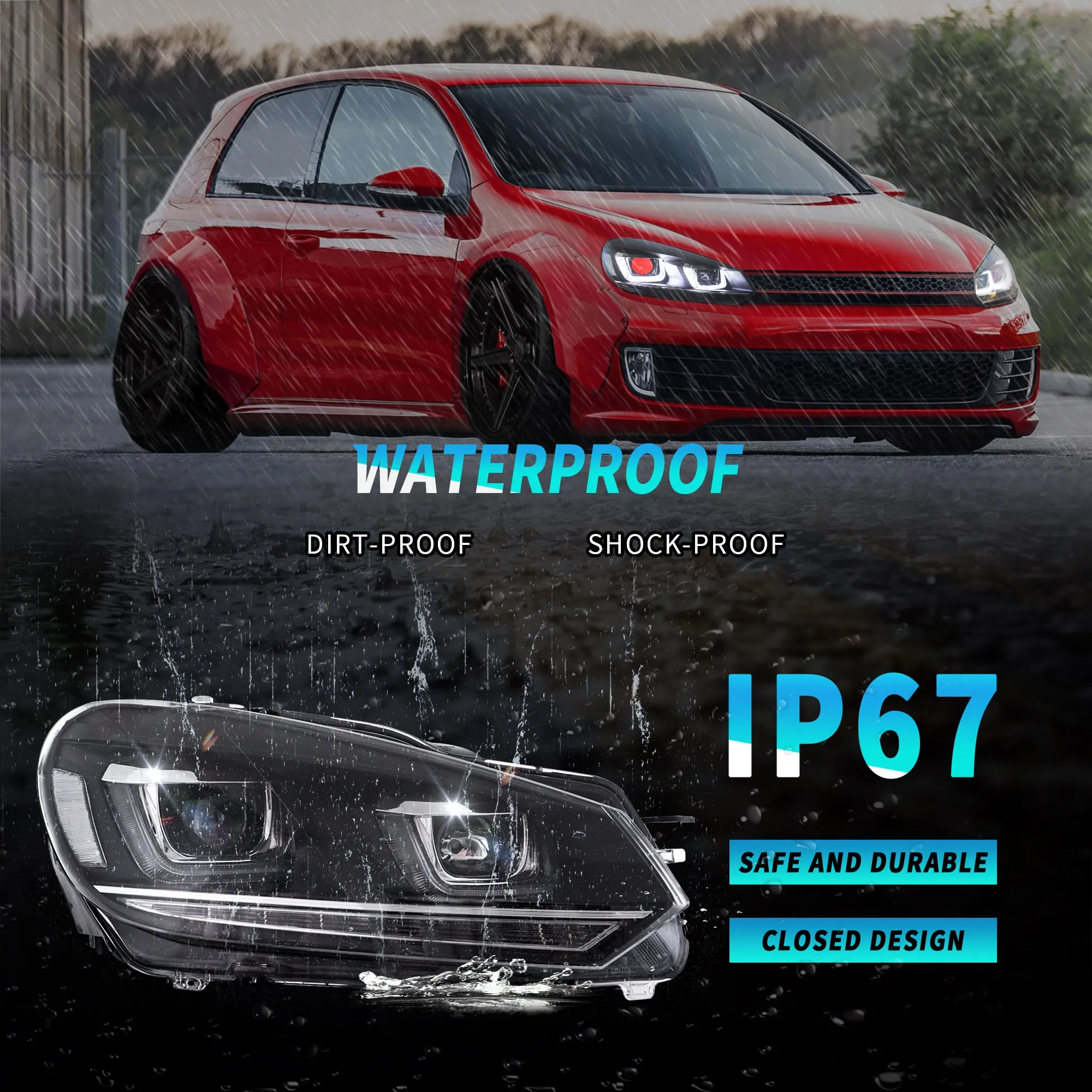 VLAND LED Projector Headlights Red Demon Eyes For Volkswagen VW Golf Mk6 2008-2014 (TSI TDI GTD LPG) [E-MARK]
