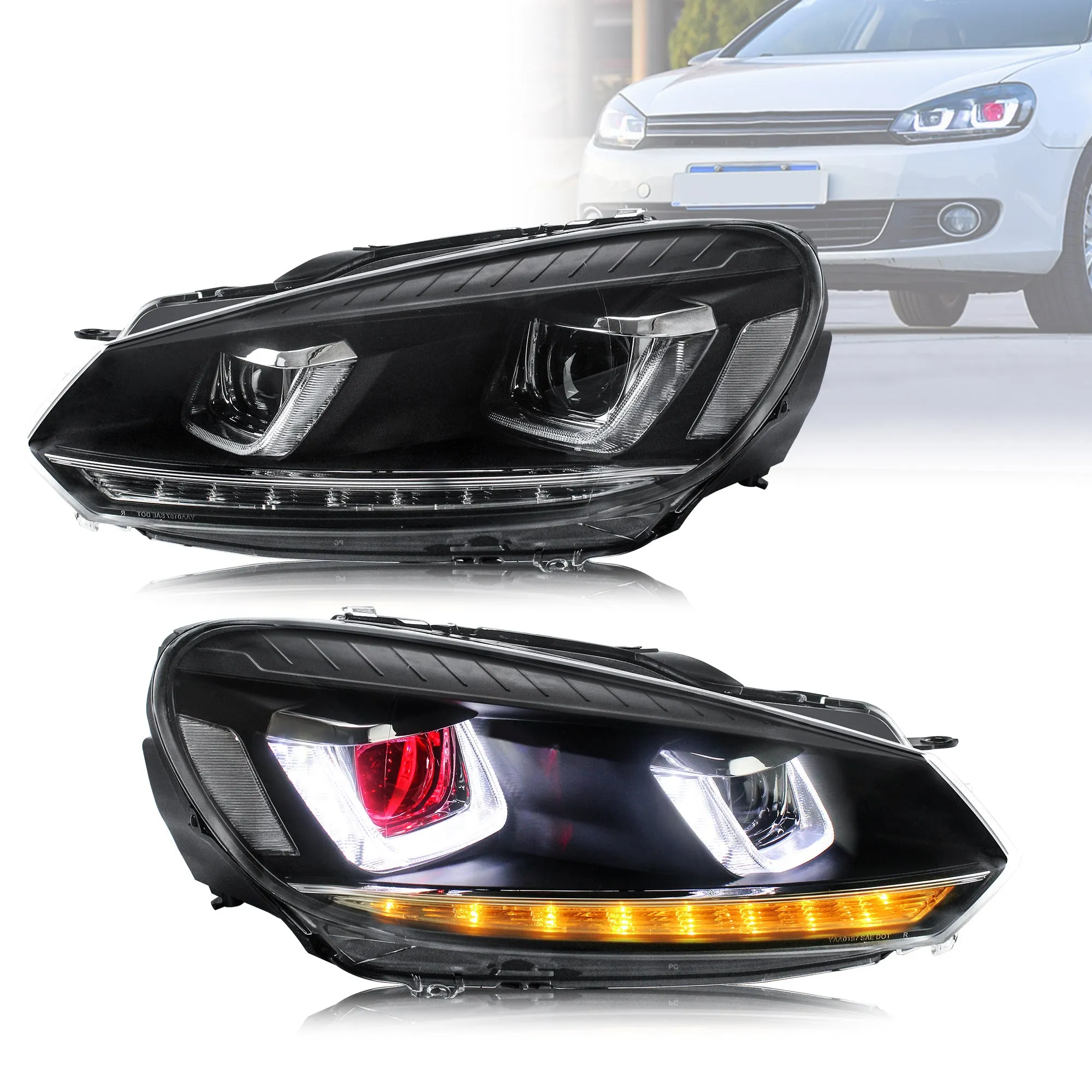 VLAND LED Projector Headlights Red Demon Eyes For Volkswagen VW Golf Mk6 2008-2014 (TSI TDI GTD LPG) [E-MARK]