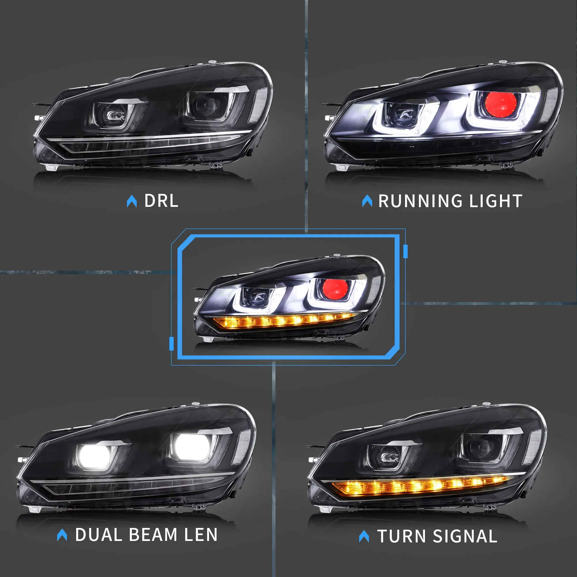 VLAND LED Projector Headlights Red Demon Eyes For Volkswagen VW Golf Mk6 2008-2014 (TSI TDI GTD LPG) [E-MARK]